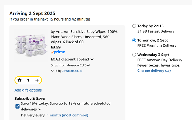 Screenshot showing by Amazon Sensitive Baby Wipes, Unscented, 360 Wipes, 6 Pack of 60 for £3.59 at Amazon