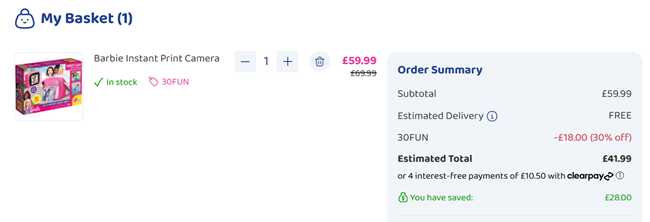 Screenshot showing Barbie Instant Print Camera for £41.99 with code at Bargain Max