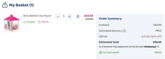 Screenshot showing Dolu Barbie City Playhouse for £48.99 with code at Bargain Max