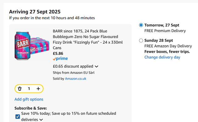Screenshot showing BARR Soft Drinks 24 x 330ml Cans for £5.86 at Amazon
