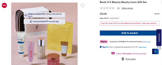 Screenshot showing Boots X K Beauty Beauty Icons Gift Set for £35 at Boots