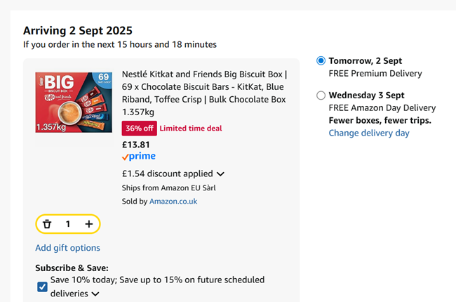 Screenshot showing Nestlé Big Biscuit Box 69 Chocolate Biscuit Bars for £13.81 at Amazon