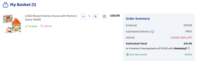 Screenshot showing LEGO Bluey's Family House with Memory Game 10459 for £41.99 with code at Bargain Max