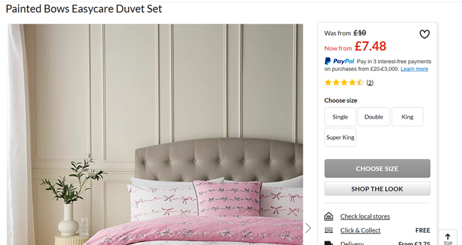Screenshot showing Painted Bows Easycare Duvet Set from £7.48 at Asda George
