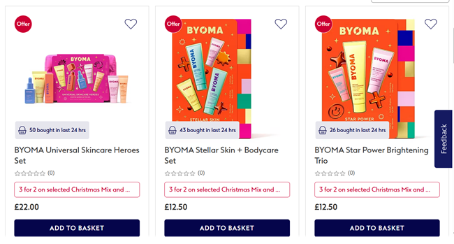Screenshots showing 3 for 2 on selected Byoma Gift Sets at Boots