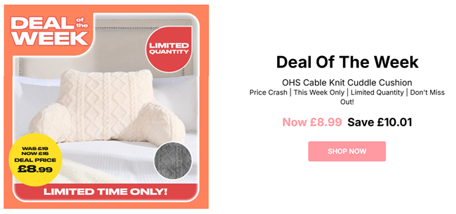 Screenshot showing Cable Knit Cuddle Cushion Cream or Grey for £8.99 at Online Home Shop