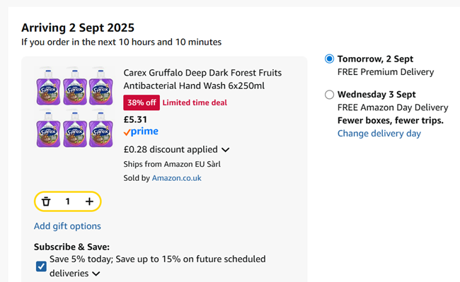 Screenshot showing Carex Gruffalo Deep Dark Forest Fruits Antibacterial Hand Wash 6 x 250ml for £5.31 at Amazon