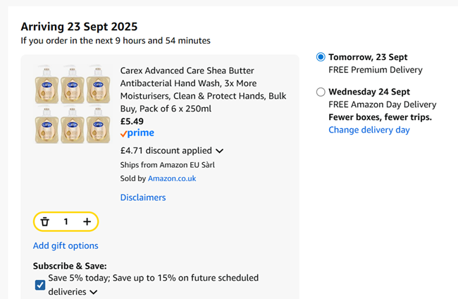 Screenshot showing Carex Advanced Antibacterial Hand Wash Pack of 6 x 250ml for £5.49 at Amazon
