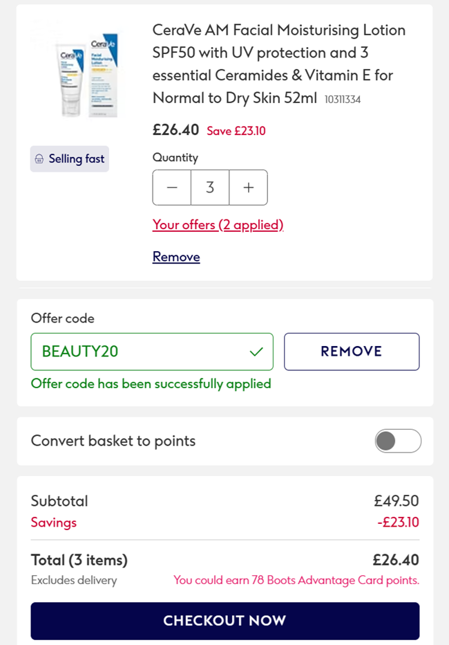 Screenshot showing CeraVe Skincare offer stack at Boots