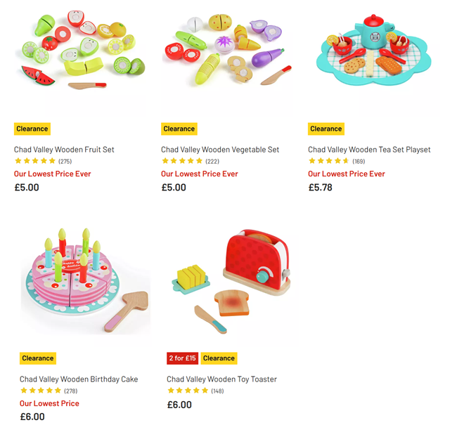 Screenshot showing Chad Valley Clearance Wooden Playsets at Argos
