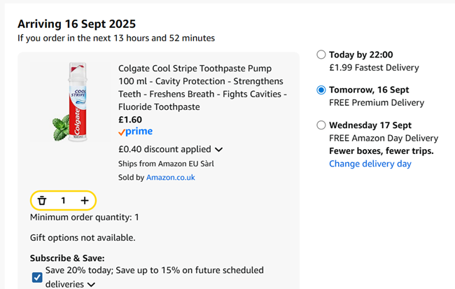 Screenshot showing Colgate Cool Stripe Toothpaste Pump 100 ml for £1.60 at Amazon