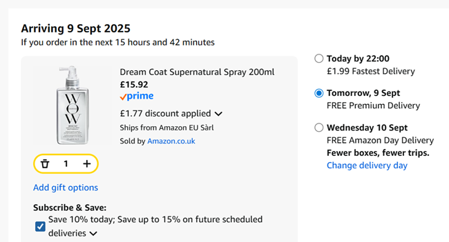 Screenshot showing Color Wow Dream Coat Supernatural Spray 200ml for £15.92 at Amazon