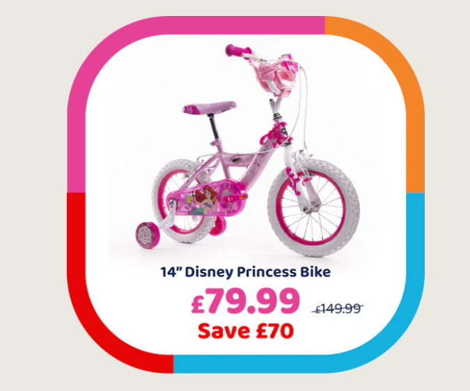 Screenshot showing Disney Princess 14 Inch Bike for £79.99 at Bargain Max