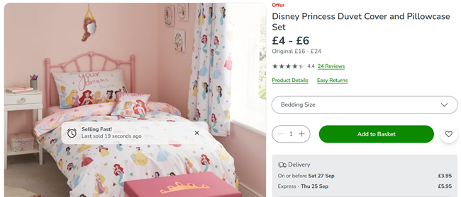 Screenshot showing Disney Princess Duvet Cover and Pillowcase Set from £4 at Dunelm