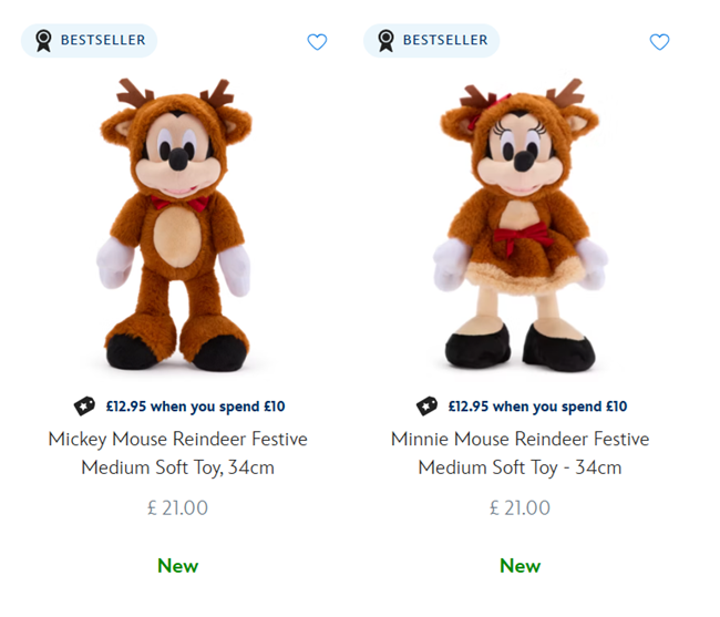 Screenshot showing Mickey Or Minnie Reindeer Medium Soft Toy £12.95 when you spend £10 offer at Disney Store