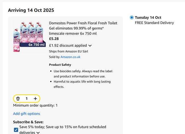 Screenshot showing Domestos Power Fresh Floral Fresh Toilet Gel 6 x 750 ml for £5.28 at Amazon