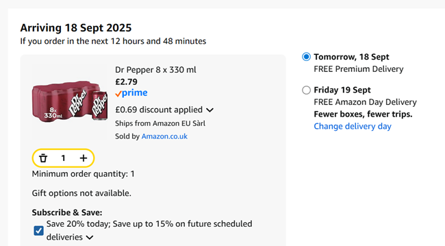 Screenshot showing Dr Pepper 8 x 330 ml Cans for £2.79 at Amazon