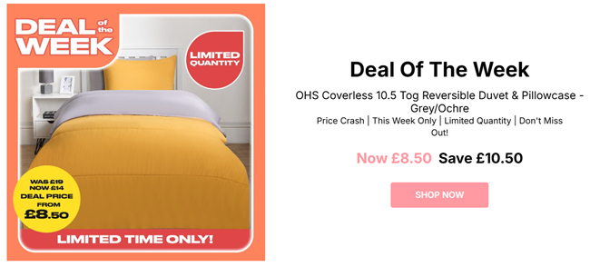 Screenshot showing Coverless 10.5 Tog Reversible Duvet & Pillowcase Grey/Ochre from £8.50 at Online Home Shop