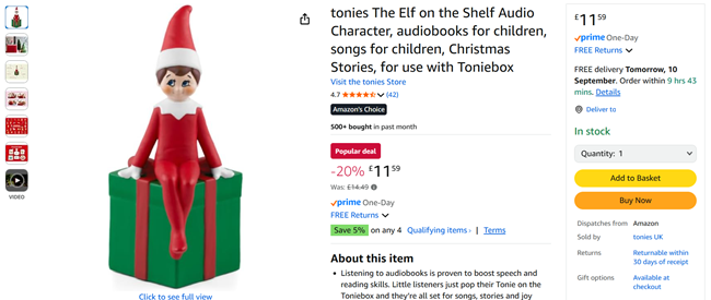 Screenshot showing Tonies The Elf on the Shelf Audio Character for £11.59 at Amazon / tonies UK