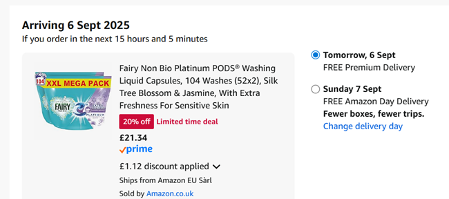 Screenshot showing Fairy Non Bio Platinum Pods Washing Liquid Capsules, 104 Washes (52x2), Silk Tree Blossom & Jasmine for £21.34 at Amazon