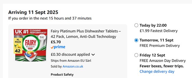 Screenshot showing Fairy Platinum Plus Lemon Dishwasher Tablets 42 Pack for £5.70 at Amazon