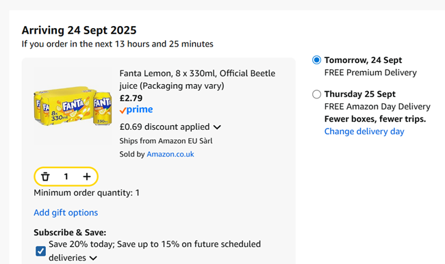 Screenshot showing Fanta Lemon 8 x 330ml for £2.79 at Amazon