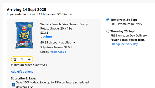 Screenshot showing Walkers French Fries Flavour Crispy Potato Snacks 20 x 18g for £3.15 at Amazon
