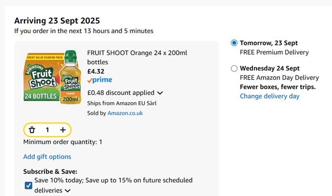 Screenshot Robinsons Fruit Shoot Orange 24 x 200ml Bottles for £4.32 at Amazon