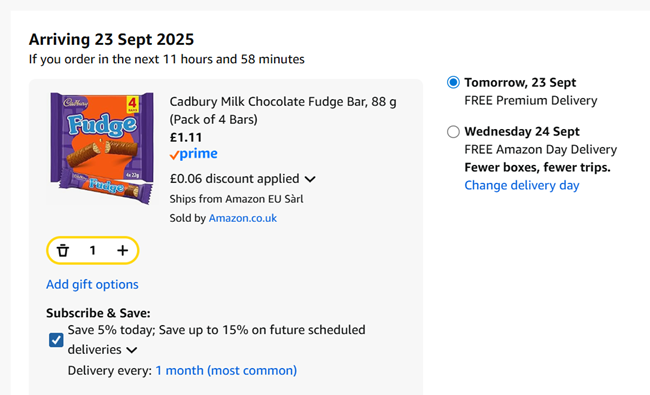 Screenshot showing Cadbury Milk Chocolate Fudge Bar, 88 g (Pack of 4 Bars) for £1.11 at Amazon