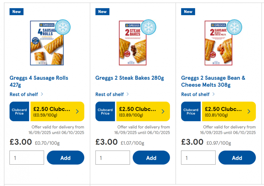 Screenshot showing selected Greggs Frozen Savoury Pastries Packs £2.50 Clubcard Price at Tesco