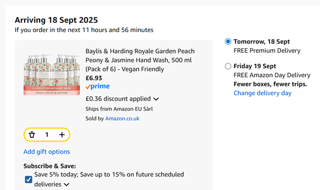 Screenshot showing Baylis & Harding Royale Garden Peach Peony & Jasmine Hand Wash, 500 ml (Pack of 6) for £6.93 at Amazon