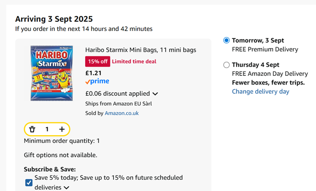 Screenshot showing Haribo Starmix 11 Mini Bags for £1.21 at Amazon