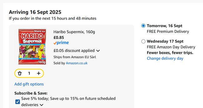 Screenshot showing Haribo Starmix, Tangfastics or Supermix 160g for 85p at Amazon