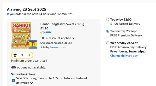 Screenshot showing Haribo Tangfastics Sweets, 11 Mini Bags, 176g for £1.20 at Amazon