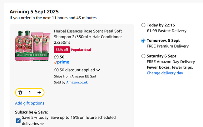 Screenshot showing Herbal Essences Rose Scent Petal Soft Shampoo 2x350ml + Hair Conditioner 2x250ml for £9.50 at Amazon