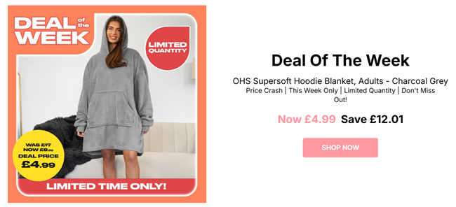 Screenshot showing Supersoft Hoodie Blanket Charcoal Grey for £4.99 at Online Home Shop
