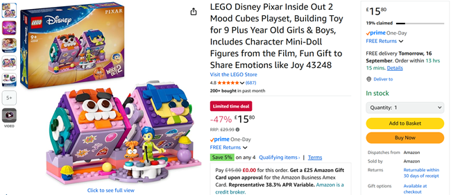 Screenshot showing LEGO Disney Pixar Inside Out 2 Mood Cubes for £15.80 at Amazon