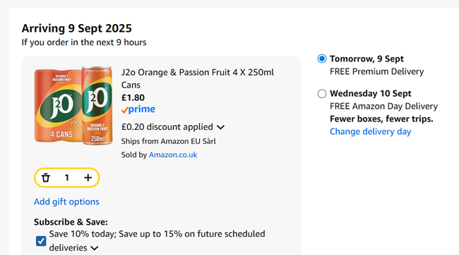 Screenshot showing J2o Orange & Passion Fruit 4 x 250ml Cans for £1.80 at Amazon