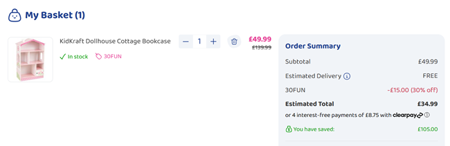 Screenshot showing KidKraft Dollhouse Cottage Bookcase for £34.99 with code at Bargain Max