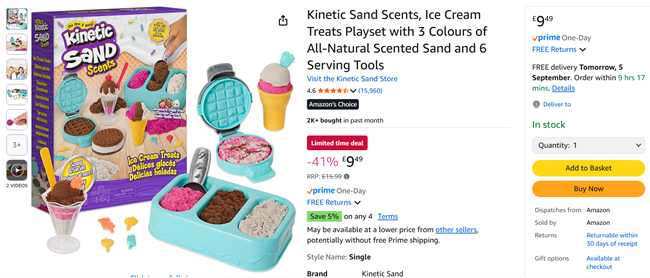 Screenshot showing Kinetic Sand Scents Ice Cream Treats Playset for £9.49 at Amazon