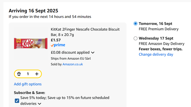 Screenshot showing KitKat 2 Finger Nescafe Mocha 8 x 20.7g for £1.57 at Amazon