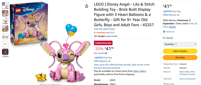 Screenshot showing LEGO Disney Angel Set 43257 for £41.96 with free delivery at Amazon