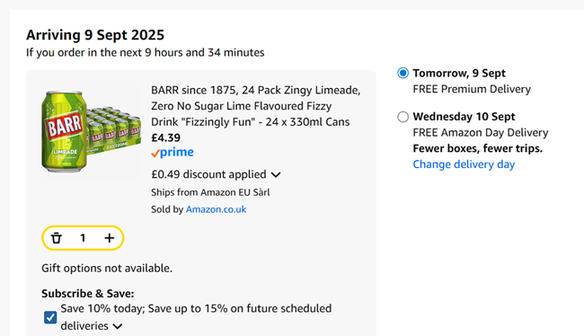 Screenshot showing BARR Limeade 24 x 330ml Cans for £4.39 at Amazon
