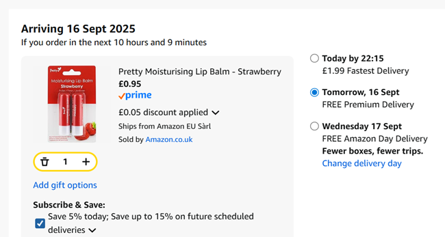 Screenshot showing Pretty Moisturising Lip Balm Strawberry 2 Pack for 95p at Amazon