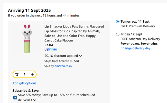 Screenshot showing Lip Smacker Lippy Pals Bunny, Carrot Cake Flavoured Lip Gloss for £3.04 at Amazon