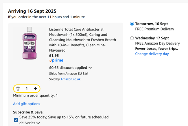 Screenshot showing Listerine Total Care Antibacterial Mouthwash 500ml for £1.95 at Amazon