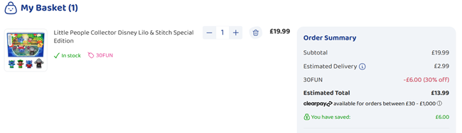 Screenshot showing Little People Collector Disney Lilo & Stitch Special Edition for £13.99 with code at Bargain Max