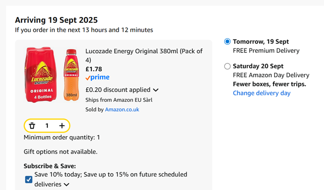 Screenshot showing Lucozade Energy 4 x 380ml for £1.78 at Amazon