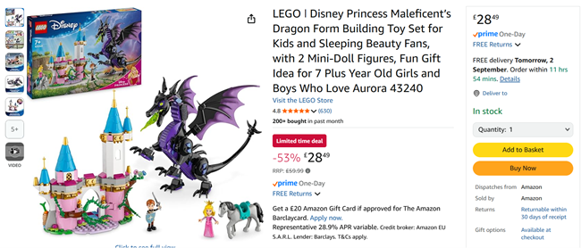 Screenshot showing LEGO Disney Princess Maleficent's Dragon Form Set 43240 for £28.49 at Amazon