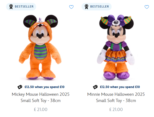 Screenshot showing Mickey Or Minnie Halloween Soft Toy £12.50 when you spend £10 offer at Disney Store